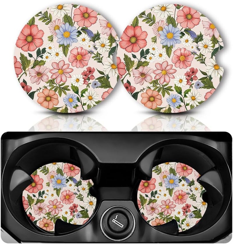 Yonlevres Car Coasters for Cup Holders，2.75" Universal Size Anti Slip Rubber Mat with A Finger Notch, 2 Pack Cup Holder Coasters for Car Interior Accessories for Women Men Flower - Image 1